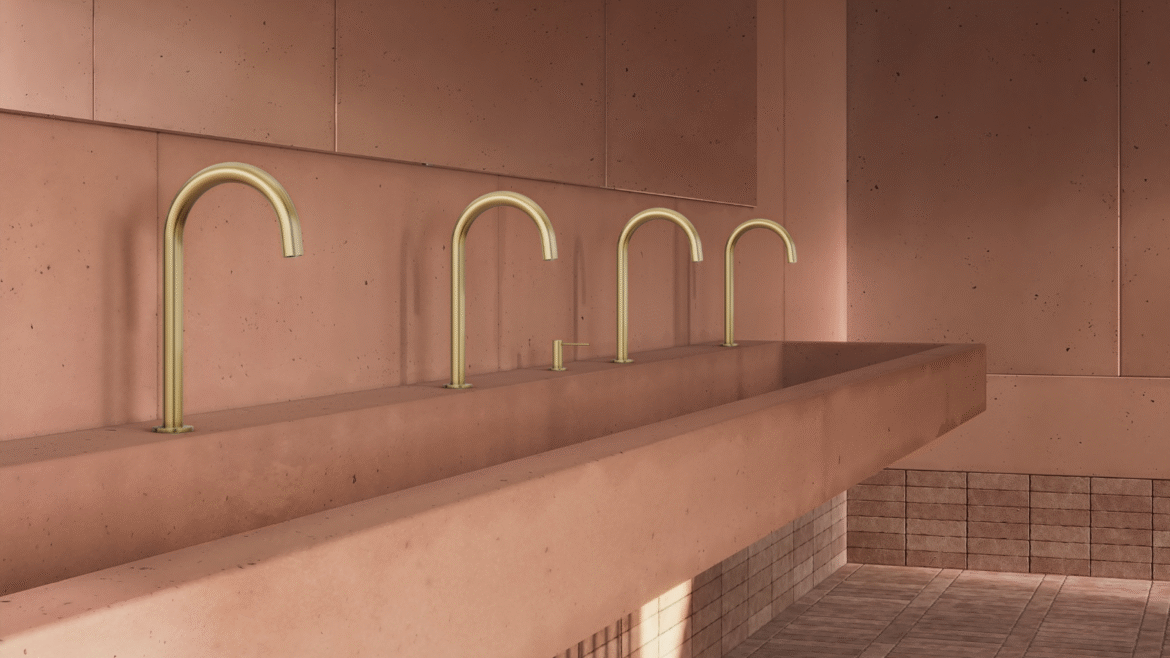 ABI Interiors brass taps in pink terracotta bathroom
