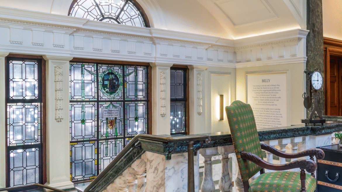 Upper lobby of Town Hall Hotel showing grand art deco design window