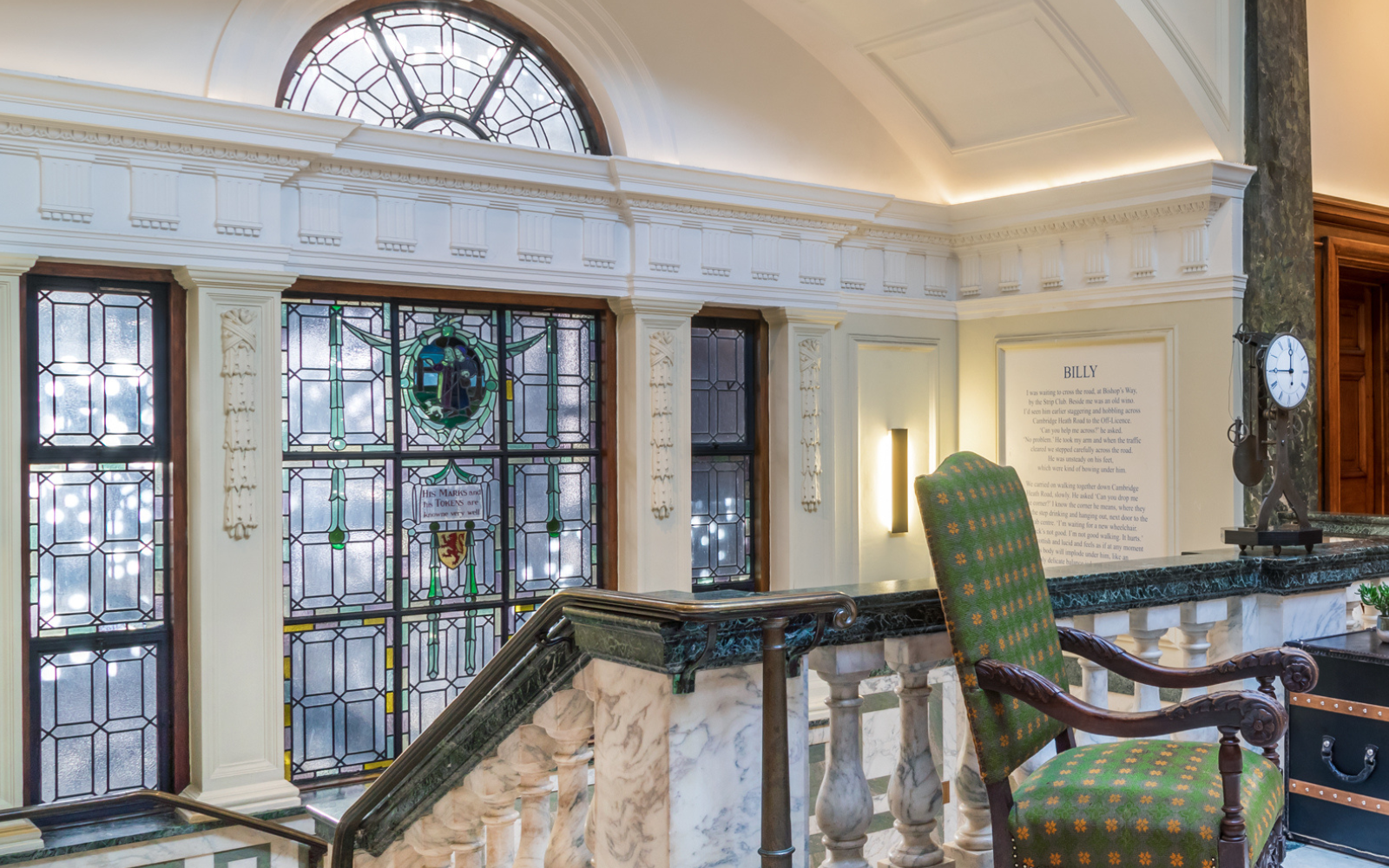 Upper lobby of Town Hall Hotel showing grand art deco design window