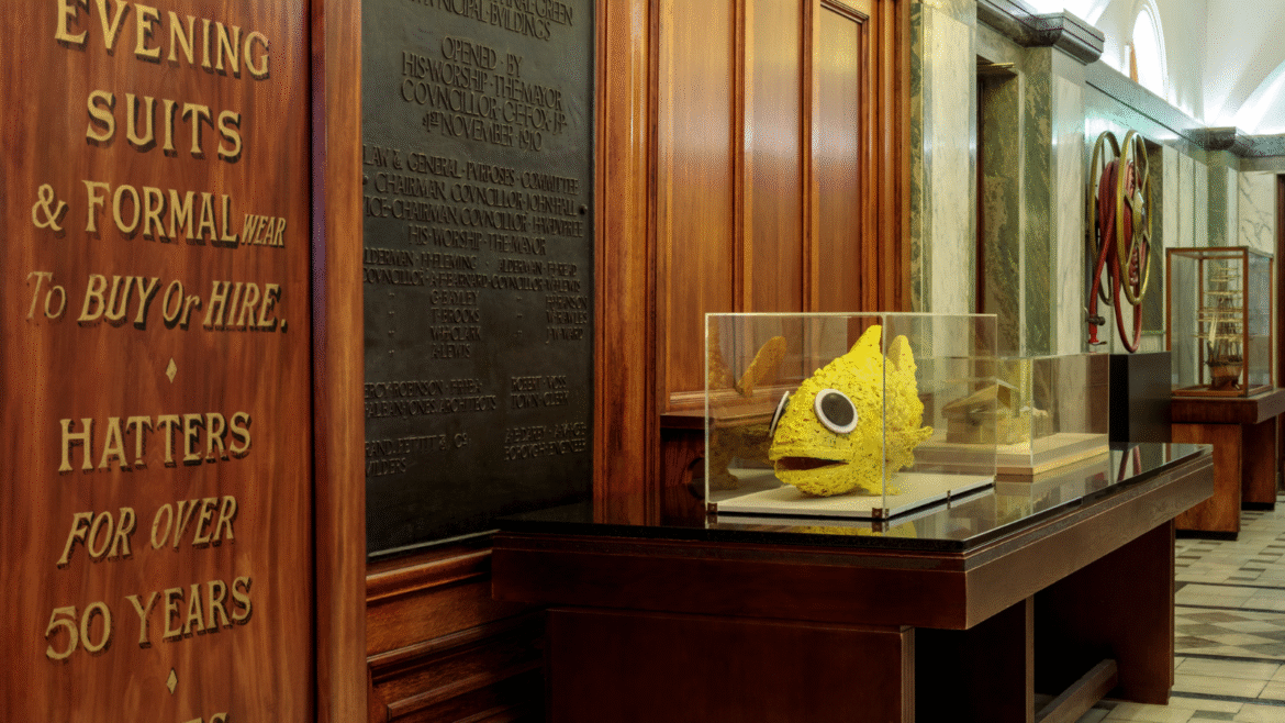 Yellow fish art in Edwardian lobby of Town Hall Hotel