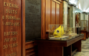 Yellow fish art in Edwardian lobby of Town Hall Hotel