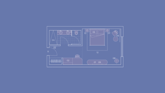 Diagram of floor plan for luxury hospitality room, where quiet technology is subtly integrated