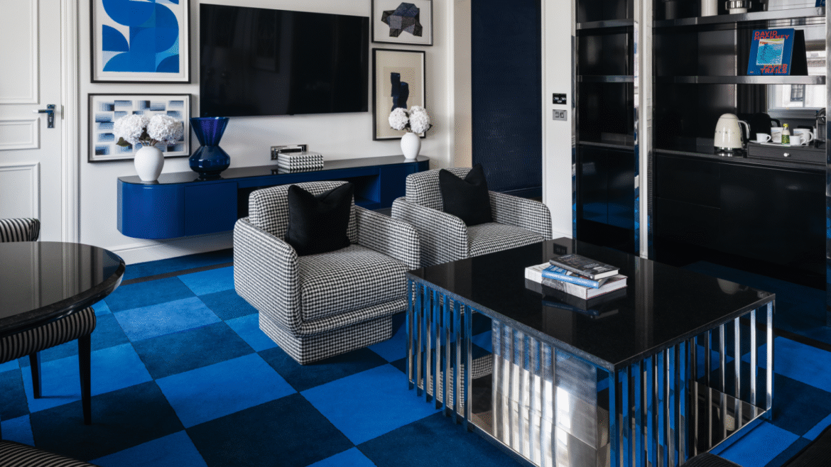 New suite design at Sofitel London St James, blue chequered carpet with mirrored accents