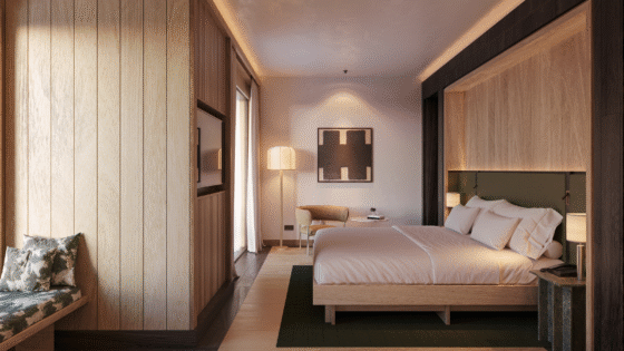 Pine wood panelled bedroom in Aethos mountain chalet