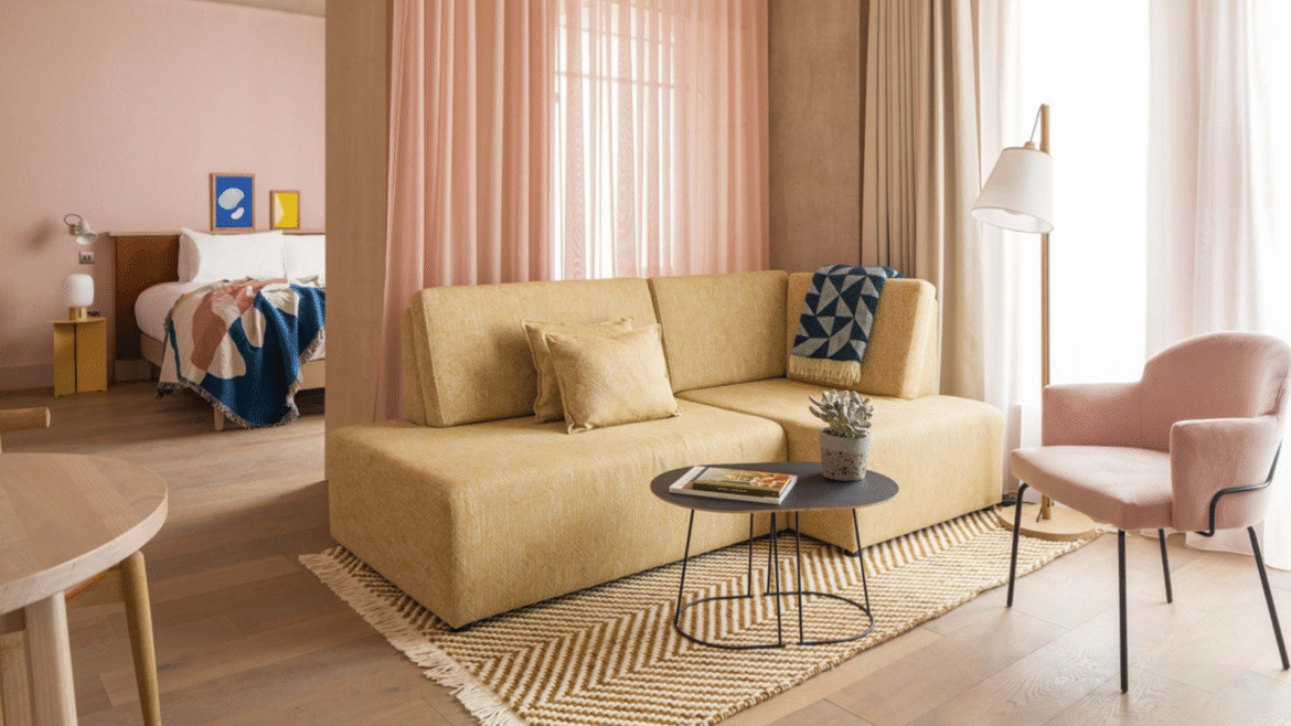 Pale solid wood flooring from Atkinson & Kirby in pale pink Japandi room