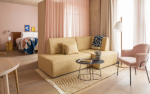 Pale solid wood flooring from Atkinson & Kirby in pale pink Japandi room