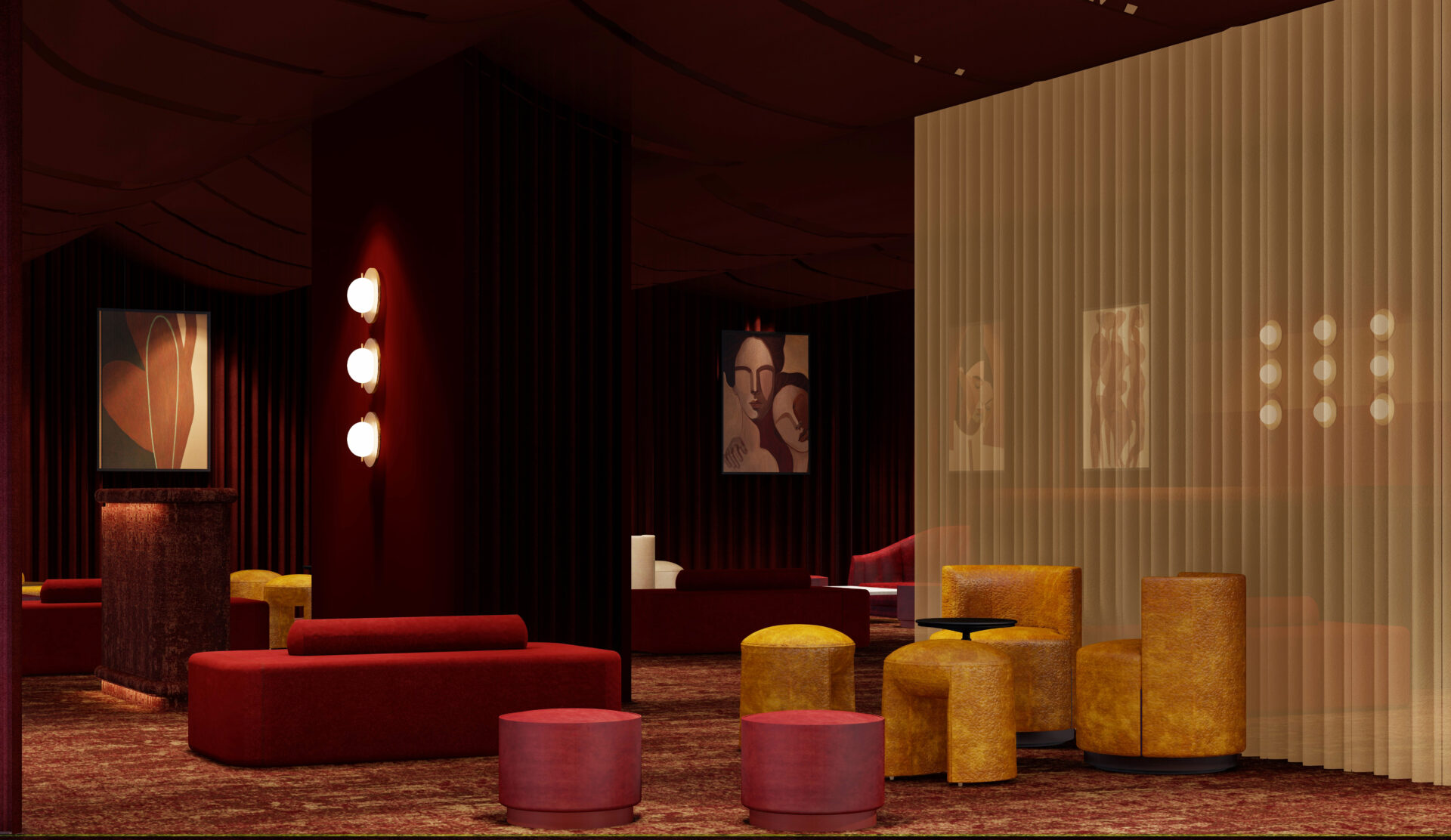 Dark walled members suite at Independent Hotel Show 2025. Mustard sofa and chairs sit below highlighted wall art