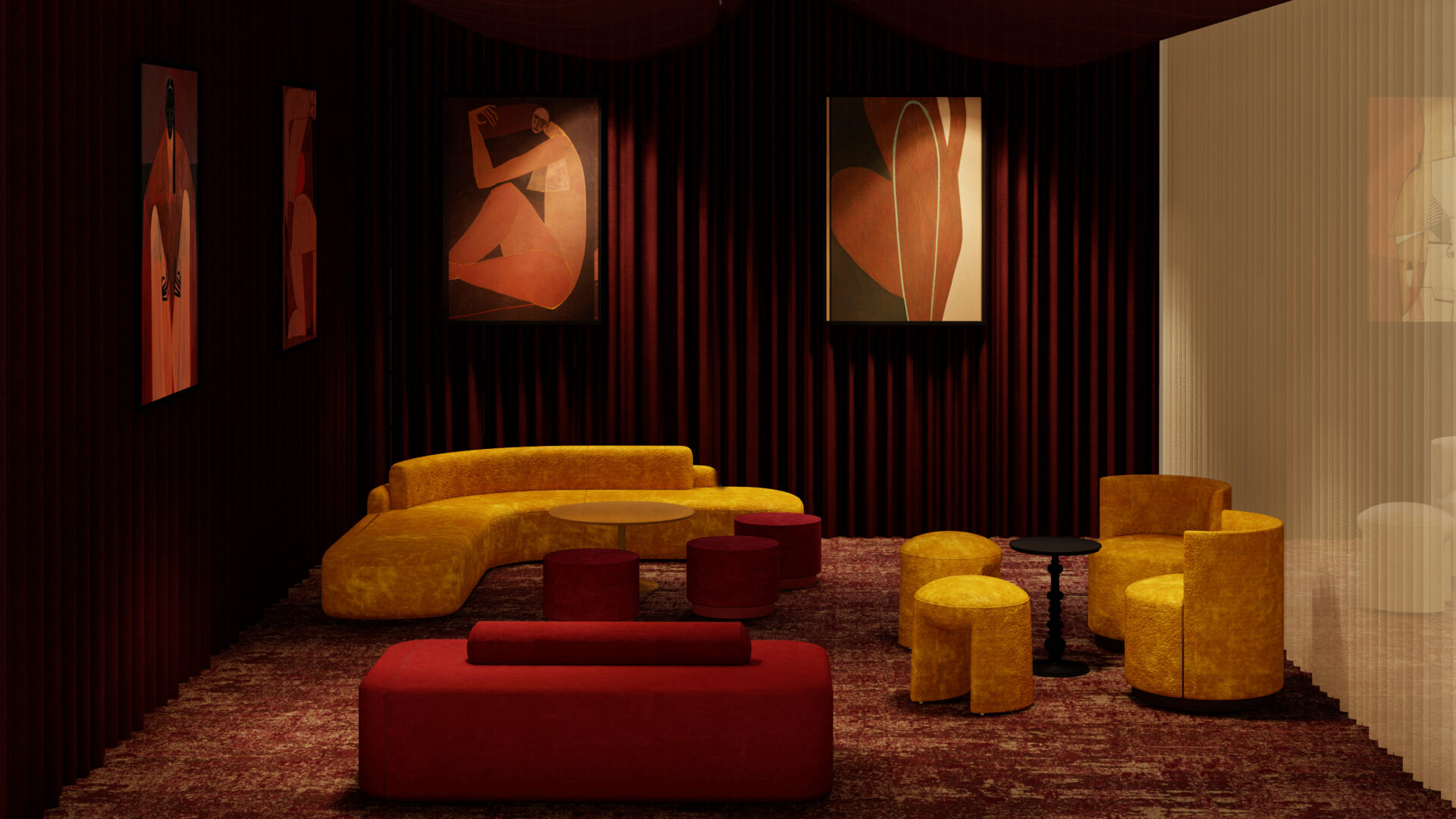 Dark walled members suite at Independent Hotel Show 2025. Mustard sofa and chairs sit below highlighted wall art