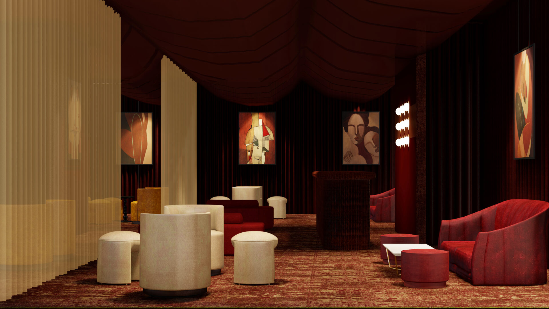 Dark walled Members Lounge at Independent Hotel Show London 2025. Lit art hangs above deep coloured seating areas