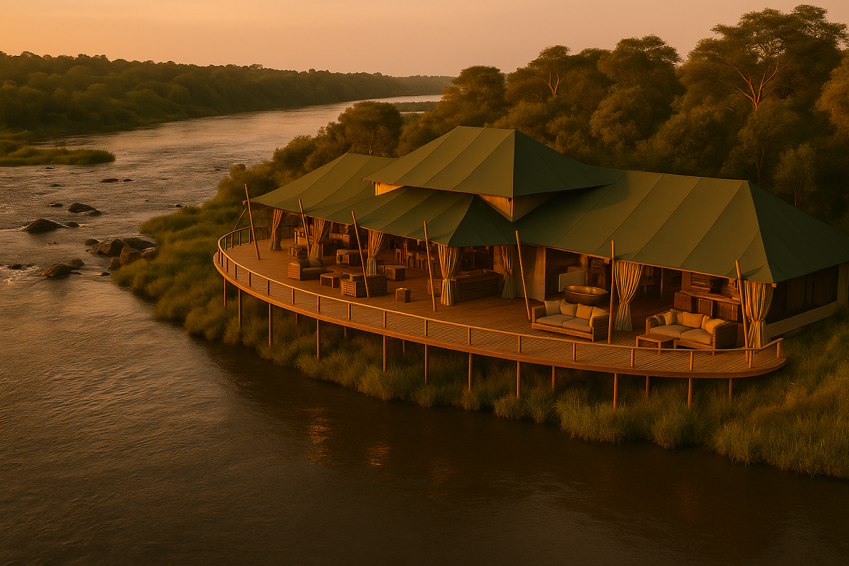 artist render of safari lodge on banks of the Nile in Uganda