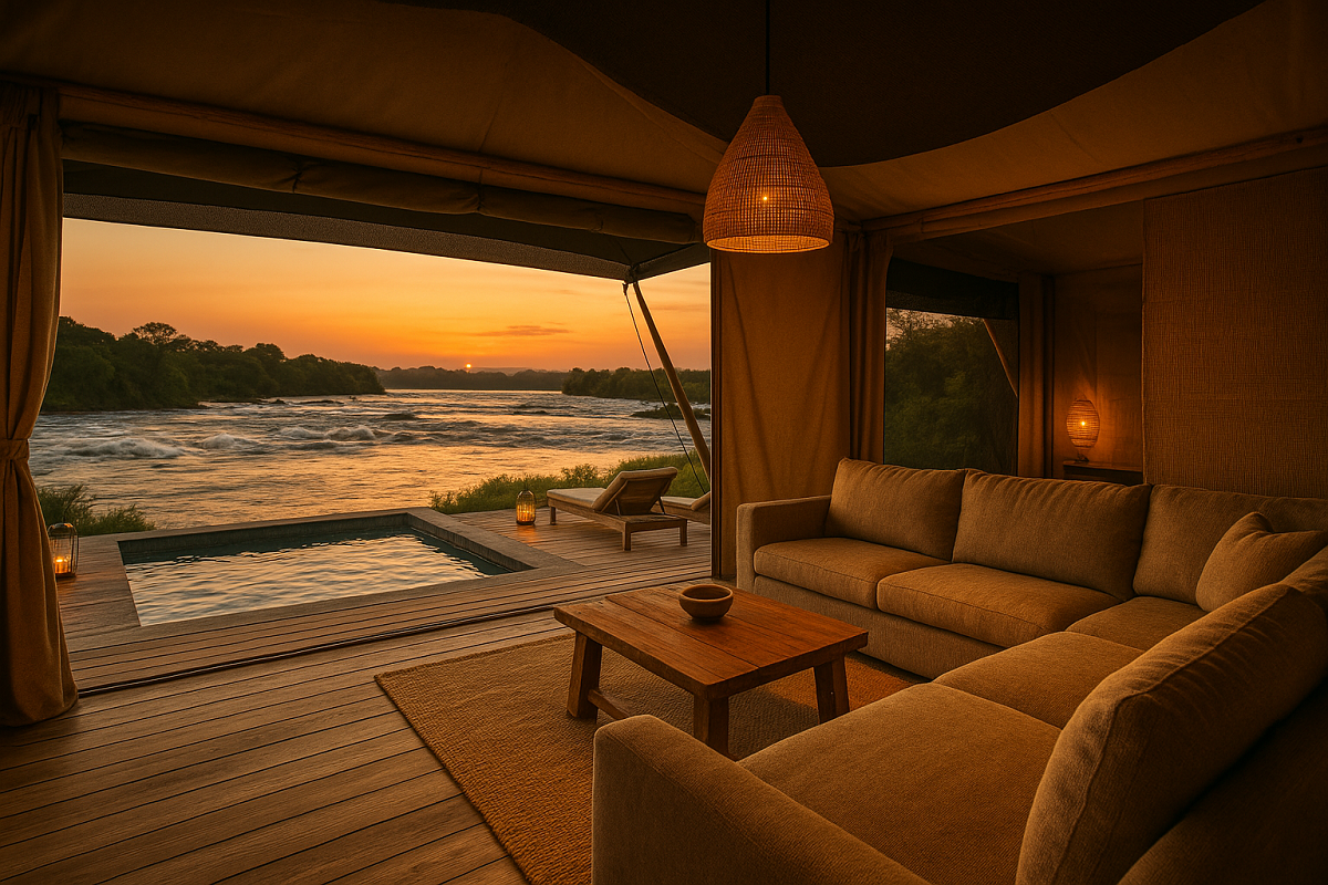 artist render view from deck of safari lodge Kulu Ora over the river nile