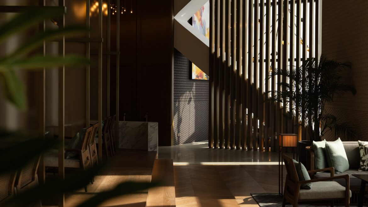 filtered sunlight and shadows through slatted wooden screen in Cacao BarPark Hyatt Kuala Lumpur with interiors by GA Group