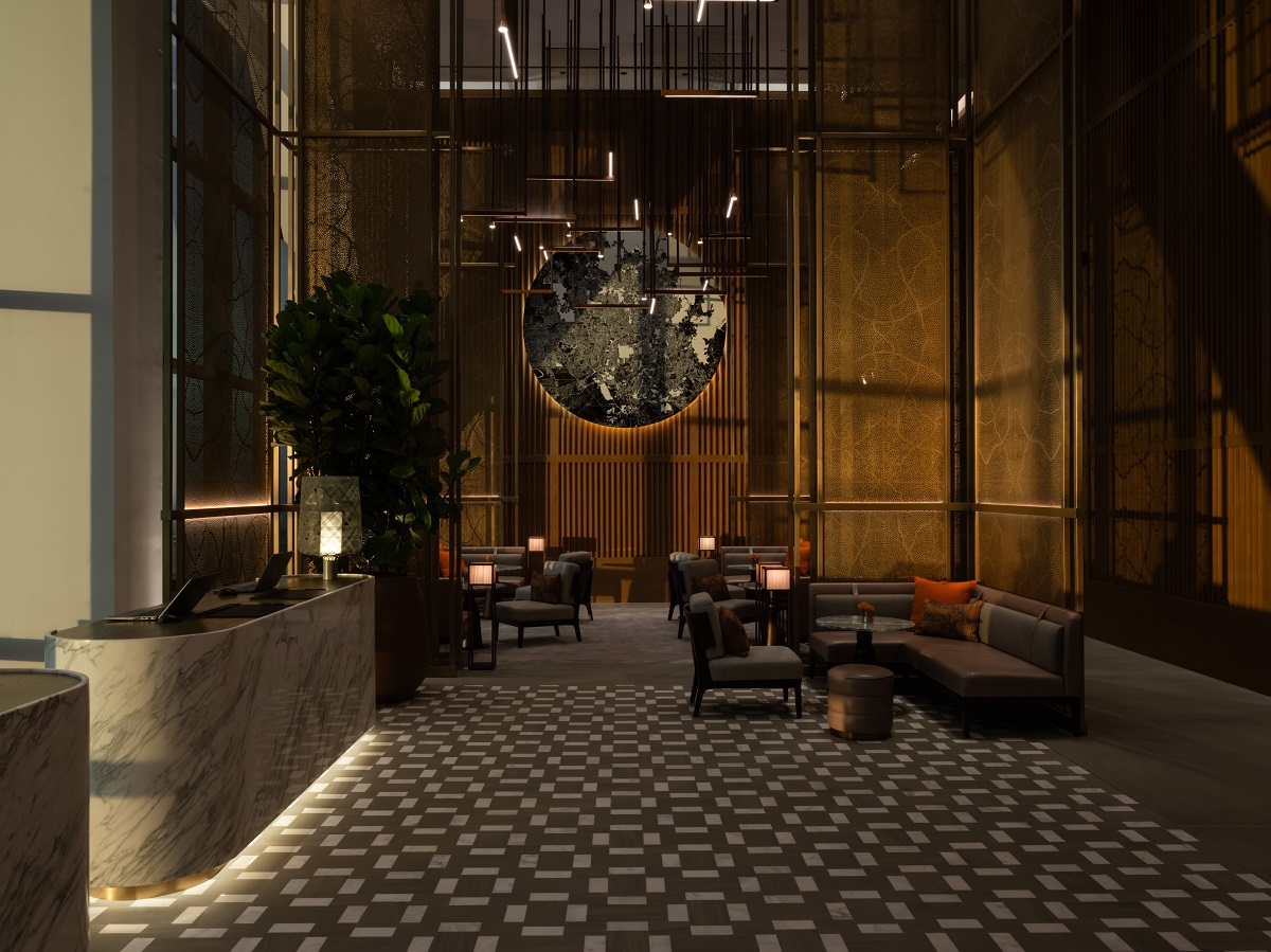 marble reception desk and wood panelled walls in the Park Hyatt Kuala Lumpur
