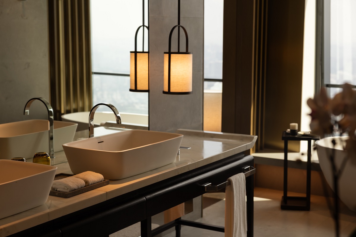 Park Hyatt Kuala Lumpur bathroom detail with suspended light above vanity