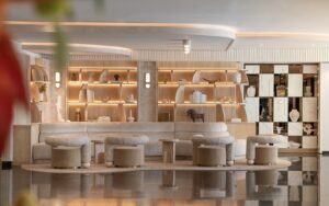 round tub seating in front of shelving display in wood and white in hotel lobby Sofitel Los Angeles at Beverly Hills