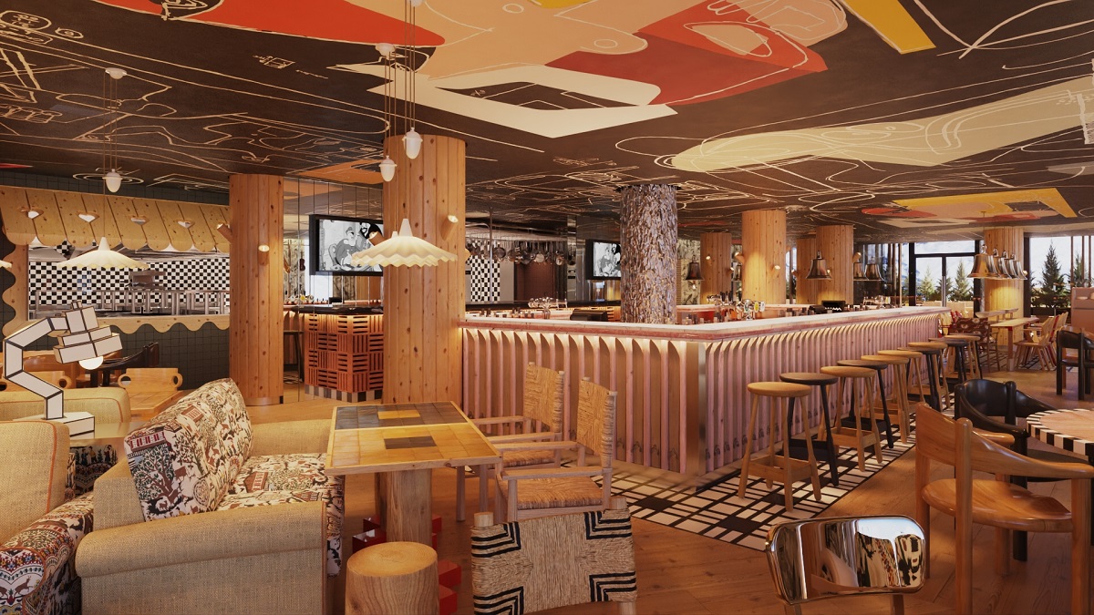 bar and seating with painted ceiling in Mama Shelter Val Thorens