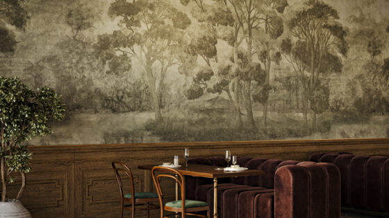 Avon wallcovering by Phillip Jeffries. Lithograph-look image of trees