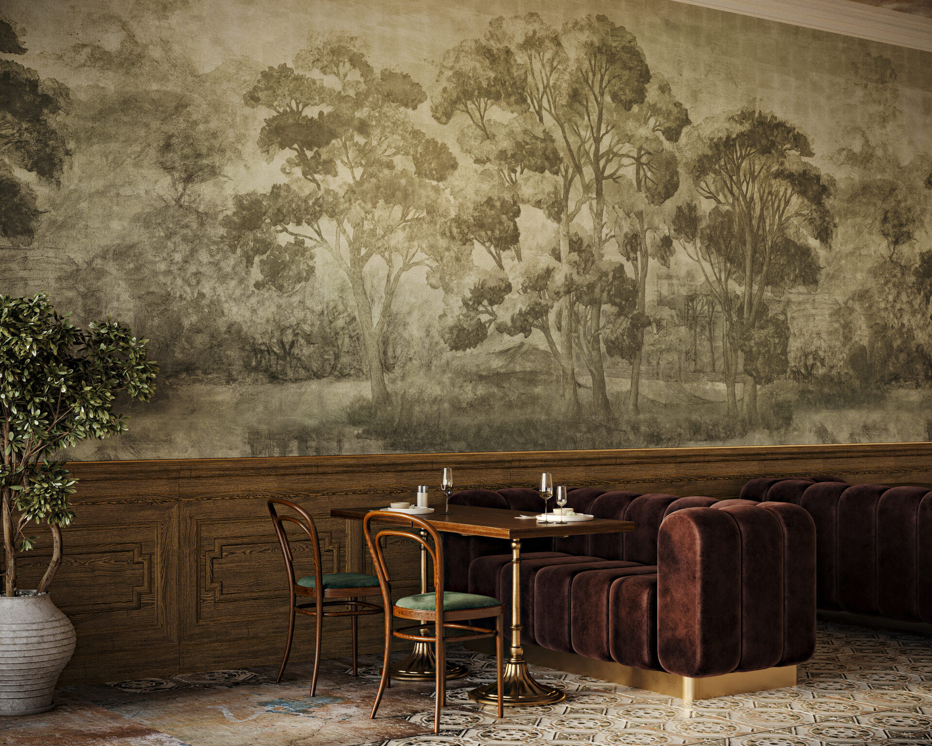 Avon wallcovering by Phillip Jeffries. Lithograph-look image of trees