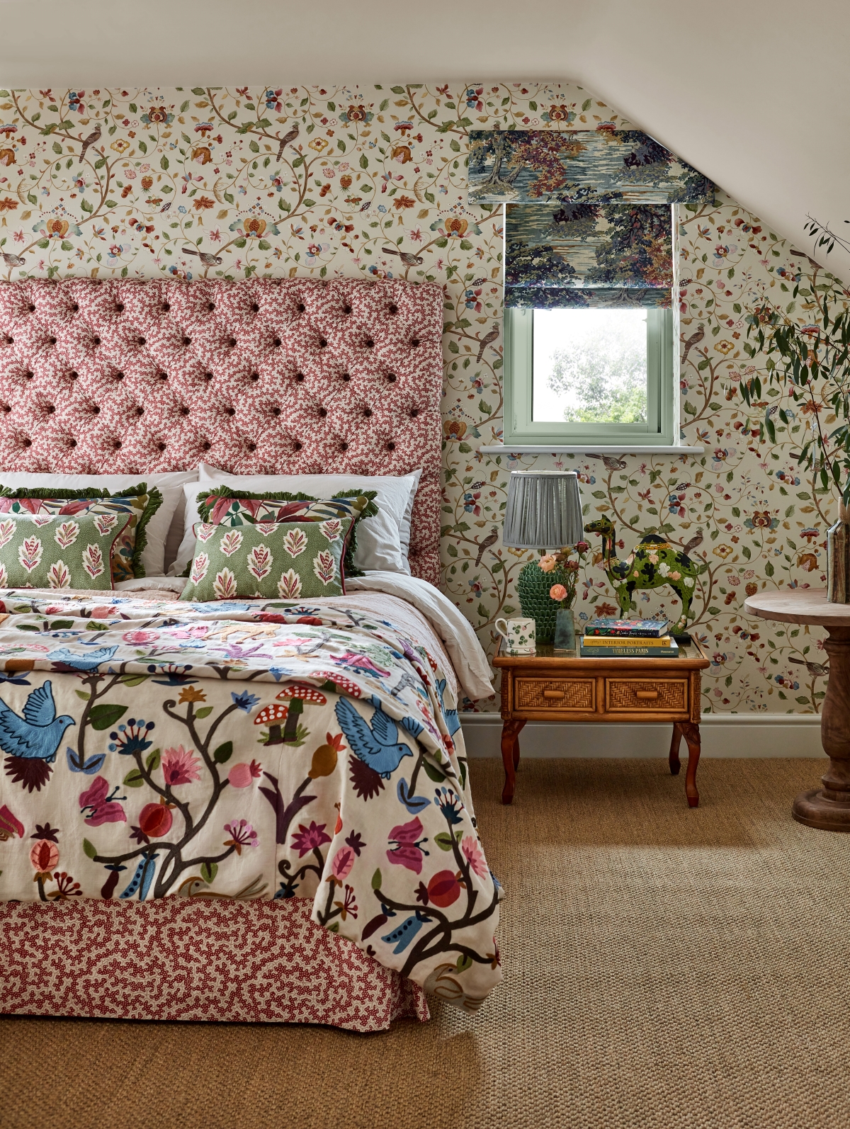 Bedroom styled with Sanderson fabrics and multi layered bed