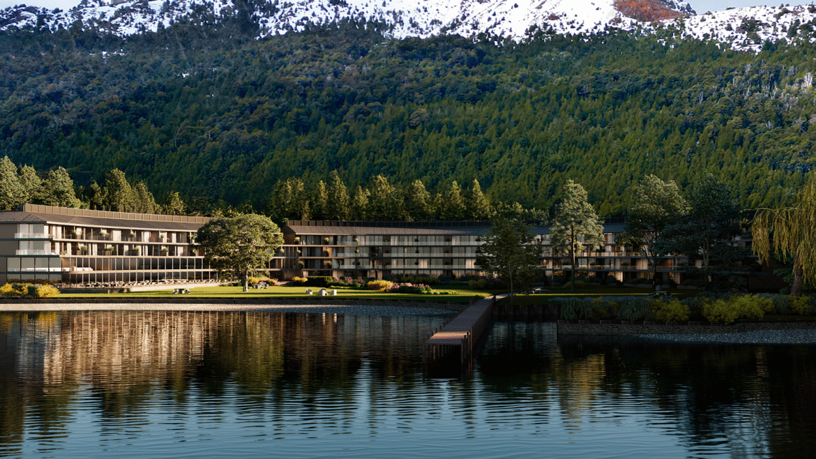 view of lake, mountain and hotel - The Meliá Collection Terrazas del Guitérrez will be located in Bariloche