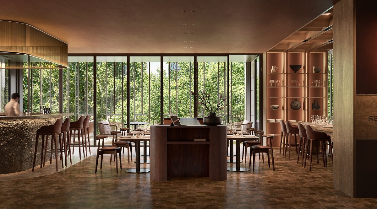 interior render of restaurant in The Carter Building COMO Hotel