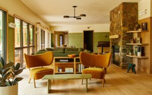 ochre chairs and olive green walls with stone fireplace in lounge of Trailborn Highlands hotel