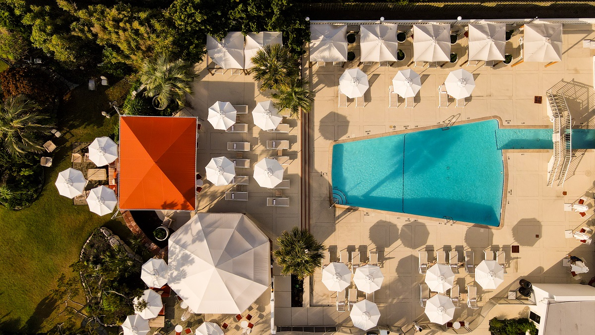 aerial view of swimming pool and umbrellas