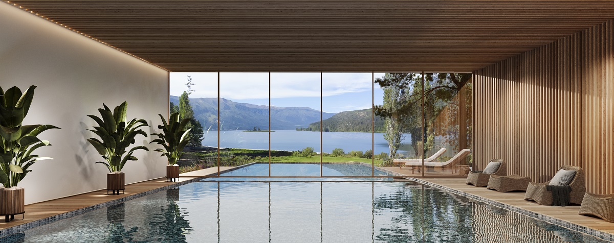 indoor pool in hotel in Patagonia with view over lake