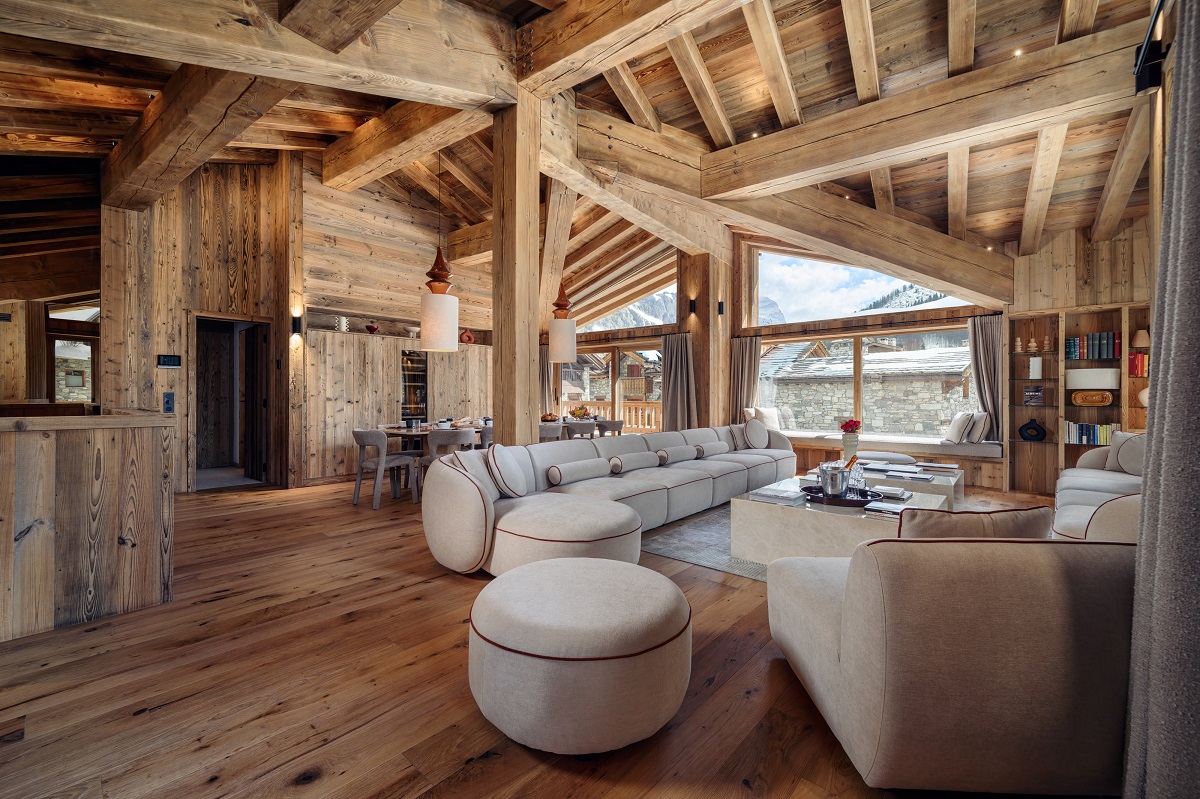 wooden beams and floors in open plan luxury chalet