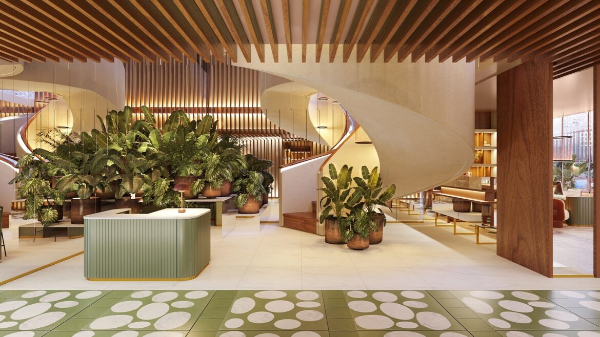 green tiles, wood ceiling and green plants in the lobby of ME Málaga