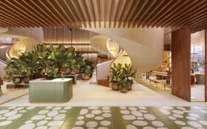 green tiles, wood ceiling and green plants in the lobby of ME Málaga