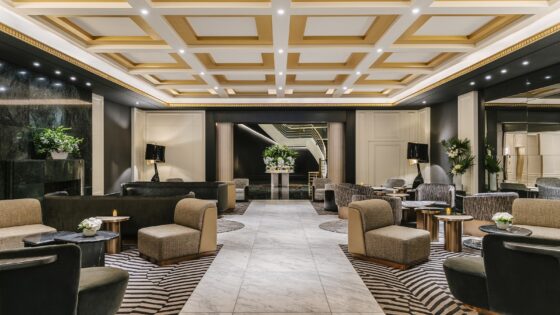 coffered ceiling and striped carpet in Sofitel New York