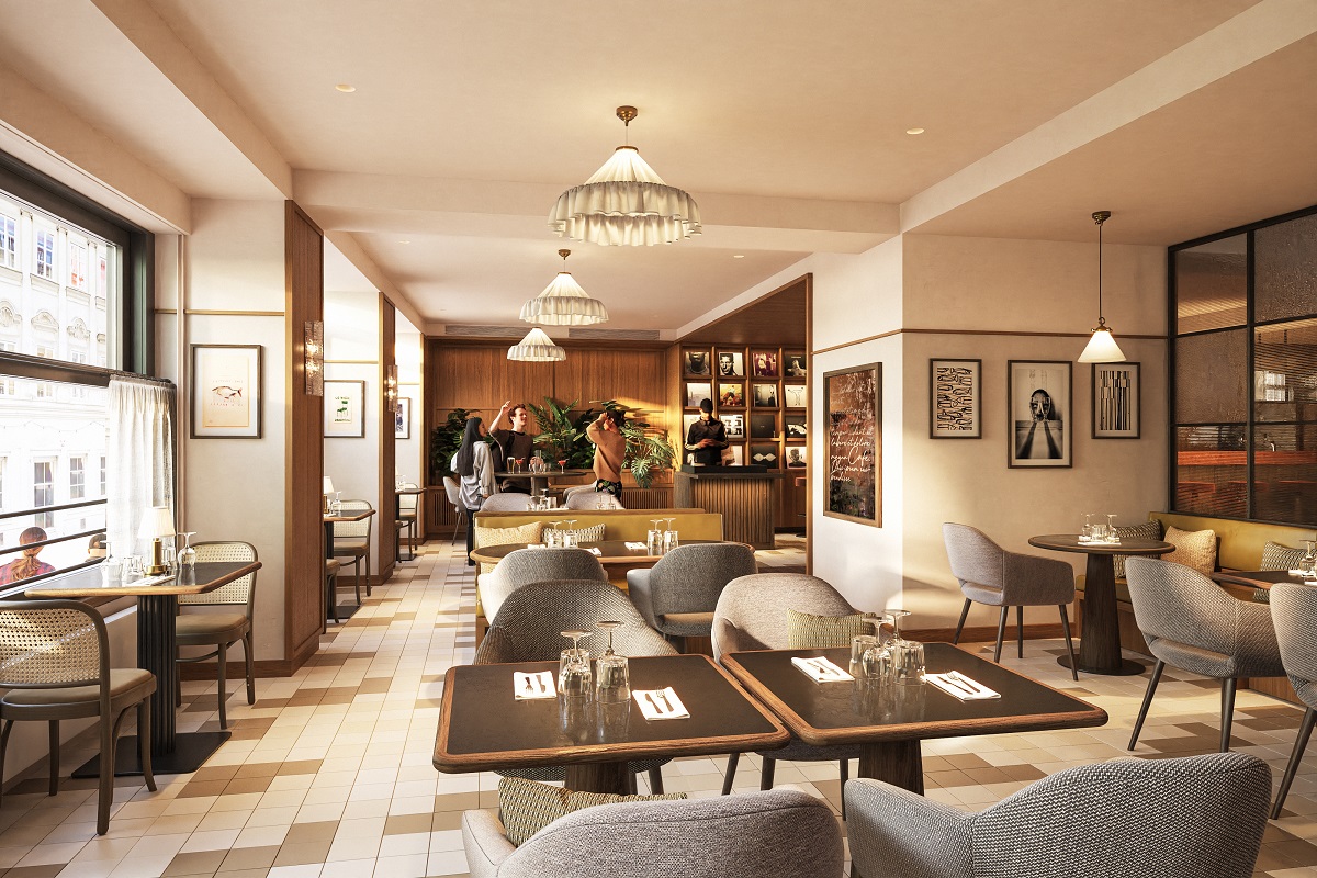 tables and seating in restaurant opening onto bar in Miiro Spittleberg