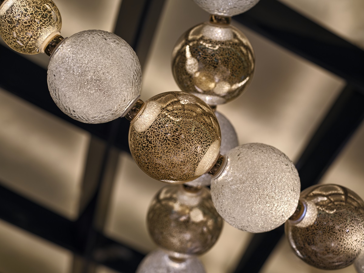 detail of glass beaded pendant lights in Akira Back Hong Kong