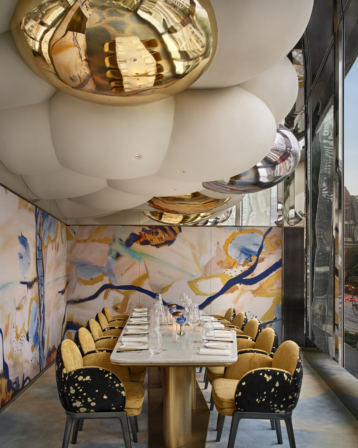 gold and cream reflective orb ceiling design in private dining room of Akira Back Hong Kong