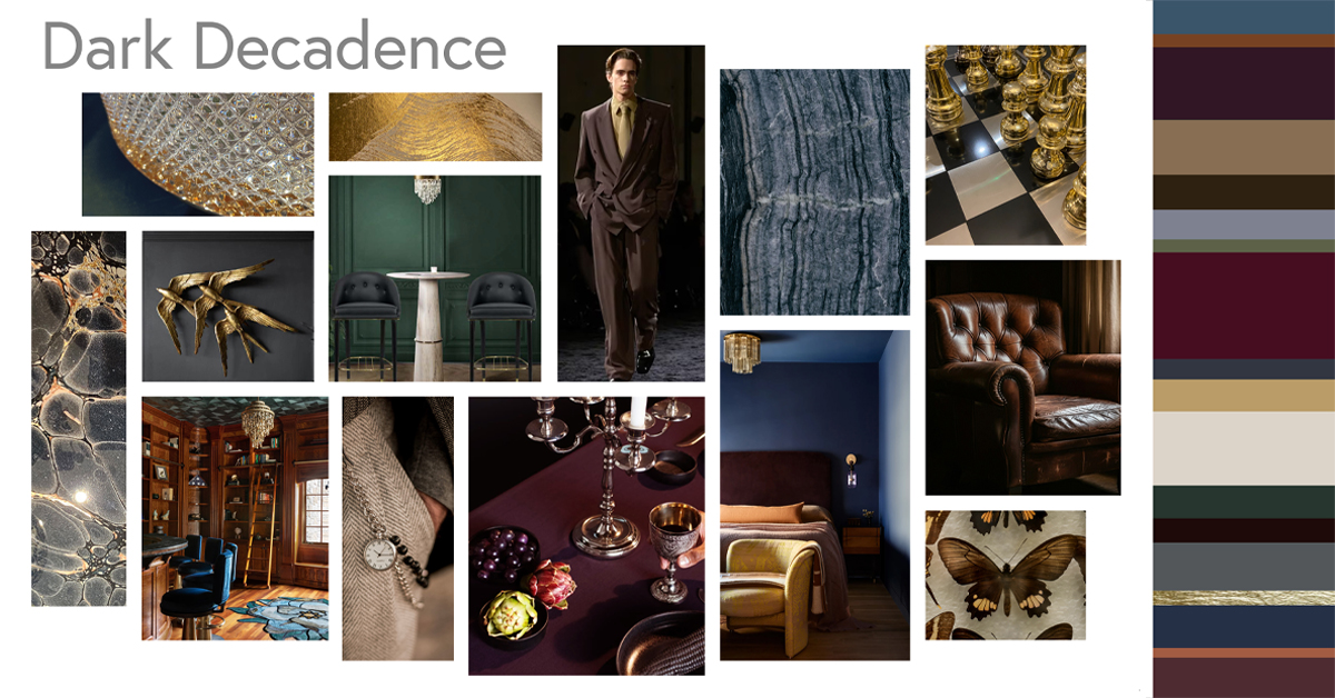 Dark Decadence mood and sample board collage from Newmor