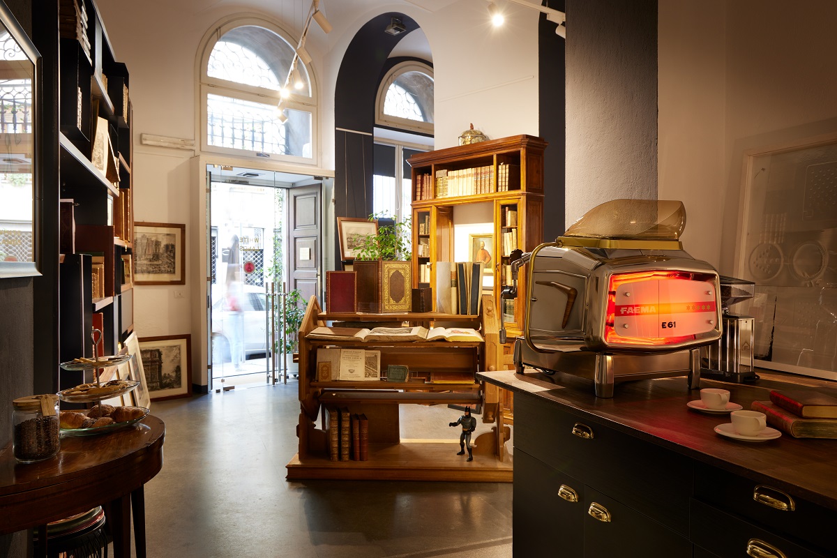coffee machine in vintage and rare bookshop