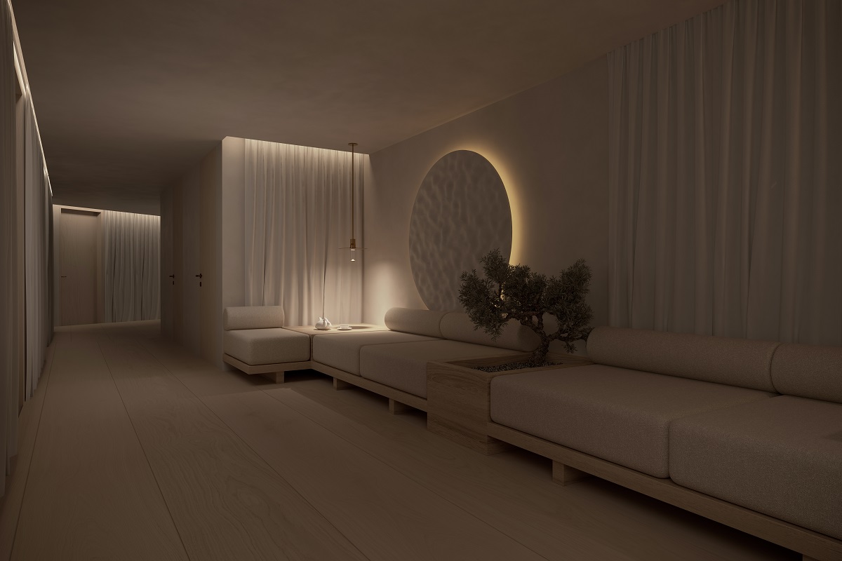 white on white and low lighting in the spa lounge in Eha retreat