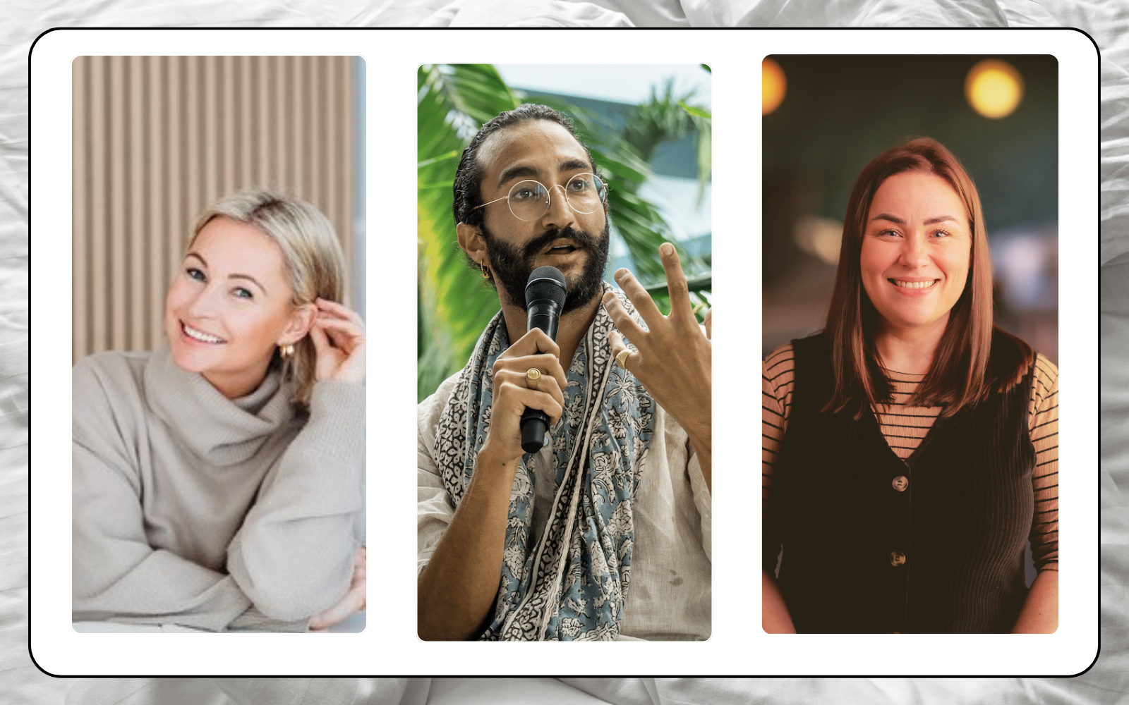 Headshots of panellist in sleep tourism panel (L-R): Kathryn Pinkham, Insomnia Therapist at The Insomnia Clinic; Ramy Elnagar, Immersive Wellness Specialist and Co-Founder of White Mirror; Katie Edgar, Director of Interior Design at YOTEL.