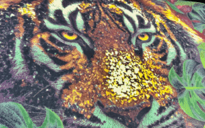 Close up of tiger head design on Brit LIst Awards red carpet, by Balsan
