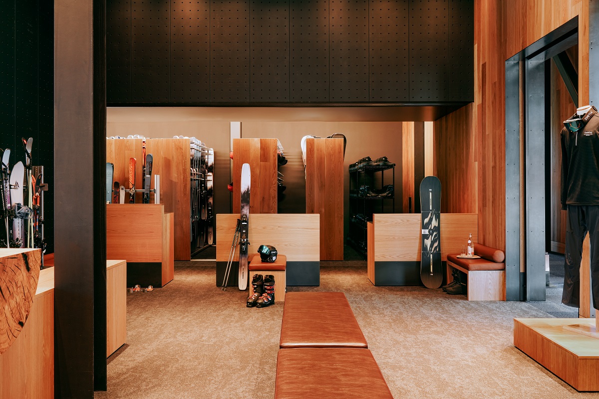 wood and leather interior in hotel ski rental space