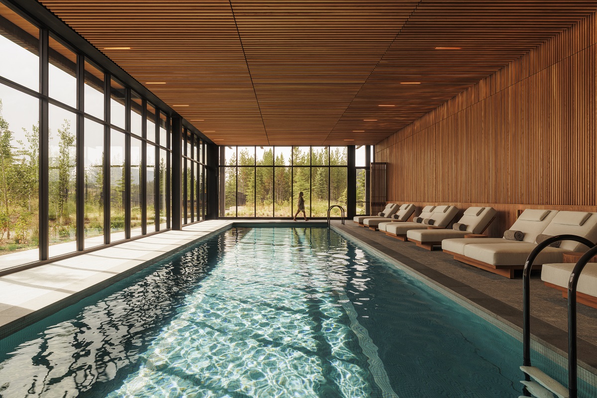 indoor spa pool with mountain views