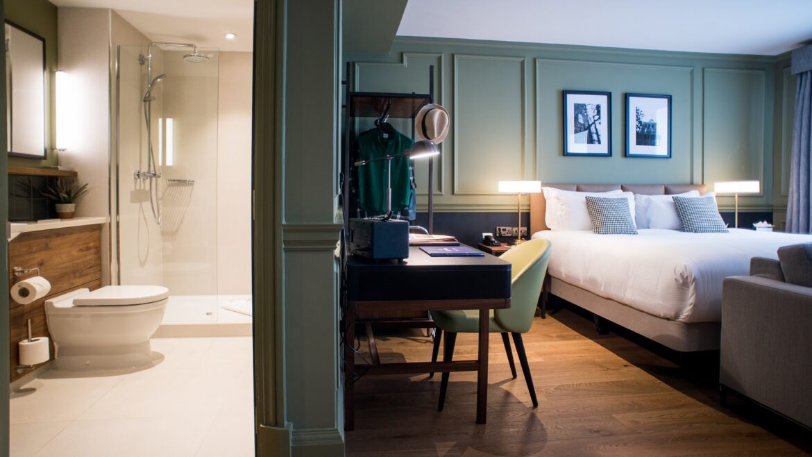 guestroom and bathroom in the Counting House - design by Sibley Grove