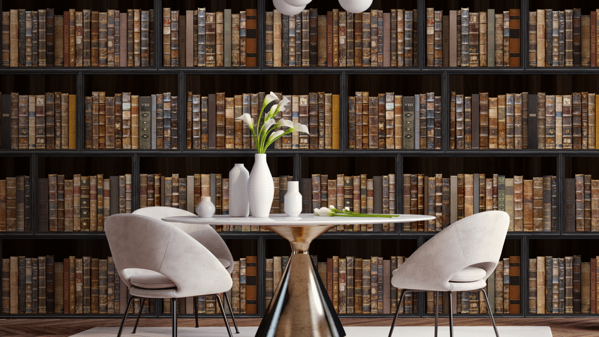 Biblioteca wallpaper from Newmor imitating antique books and bookshelf