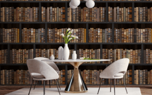 Biblioteca wallpaper from Newmor imitating antique books and bookshelf