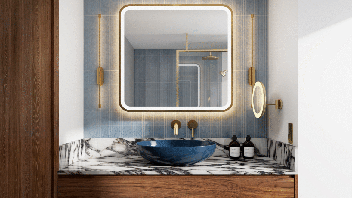 Amaris mirror from Luma Mirrors above bathroom vanity