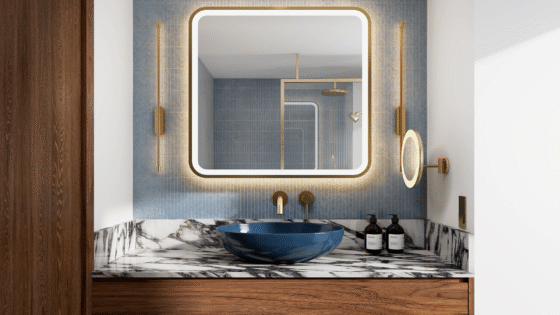 Amaris mirror from Luma Mirrors above bathroom vanity