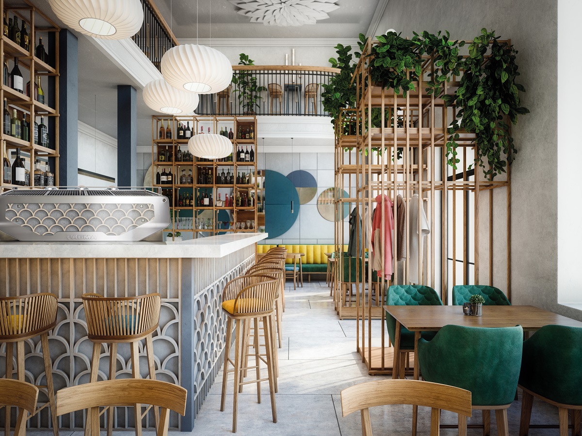 Faema coffee machine in a biophilic bar and restaurant design
