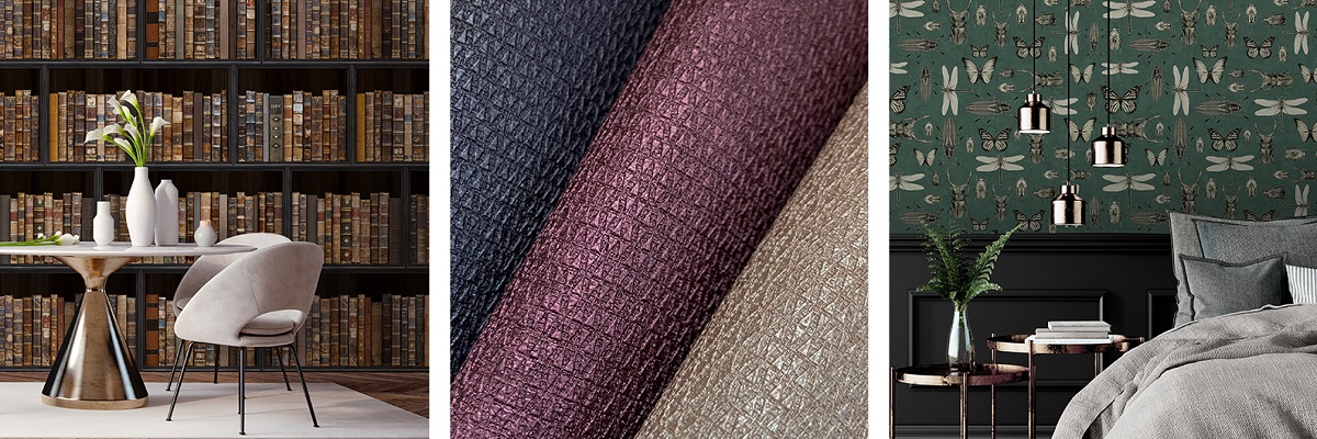 collage of three different newmor wallcovering collections