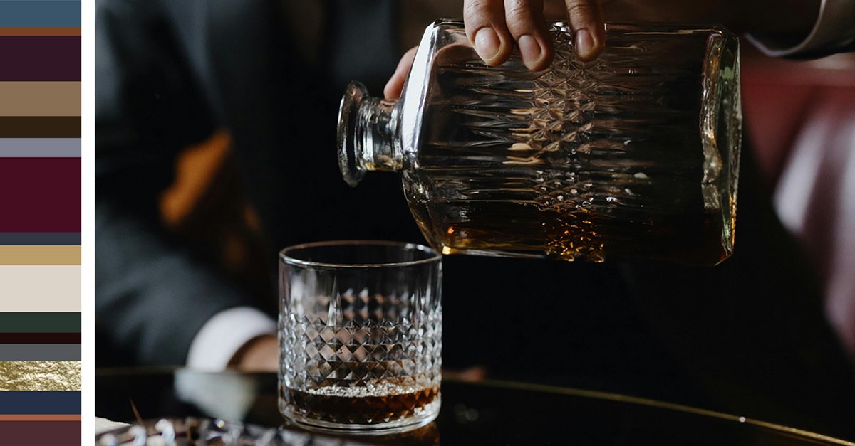 crystal glass and decanter alongside dark decadence trend moodboard